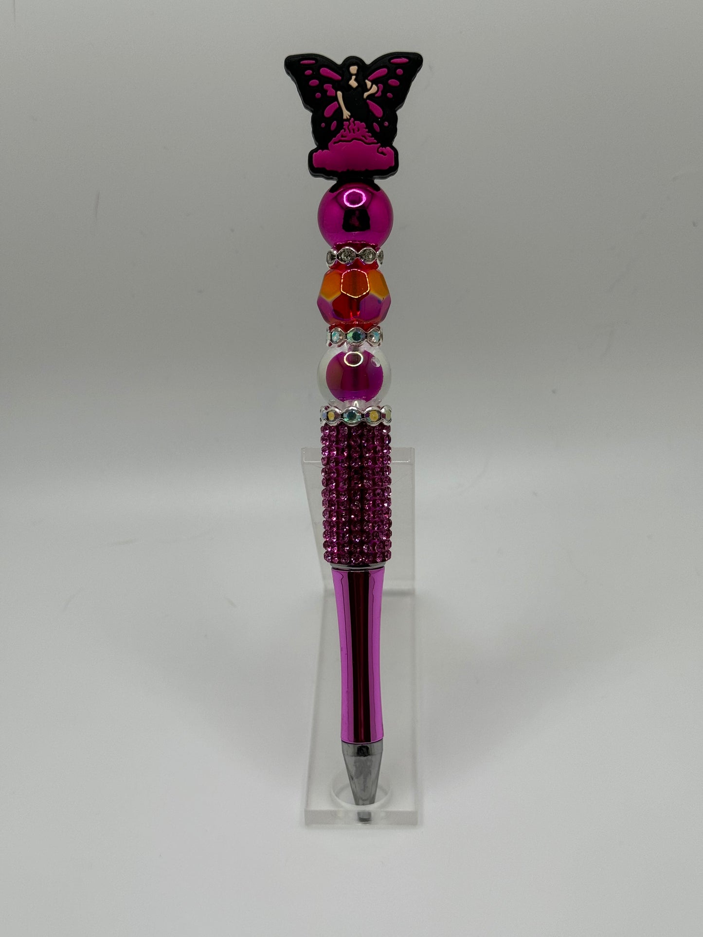 Pink Sparkle Butterfly Beadable Pen ~ Premade