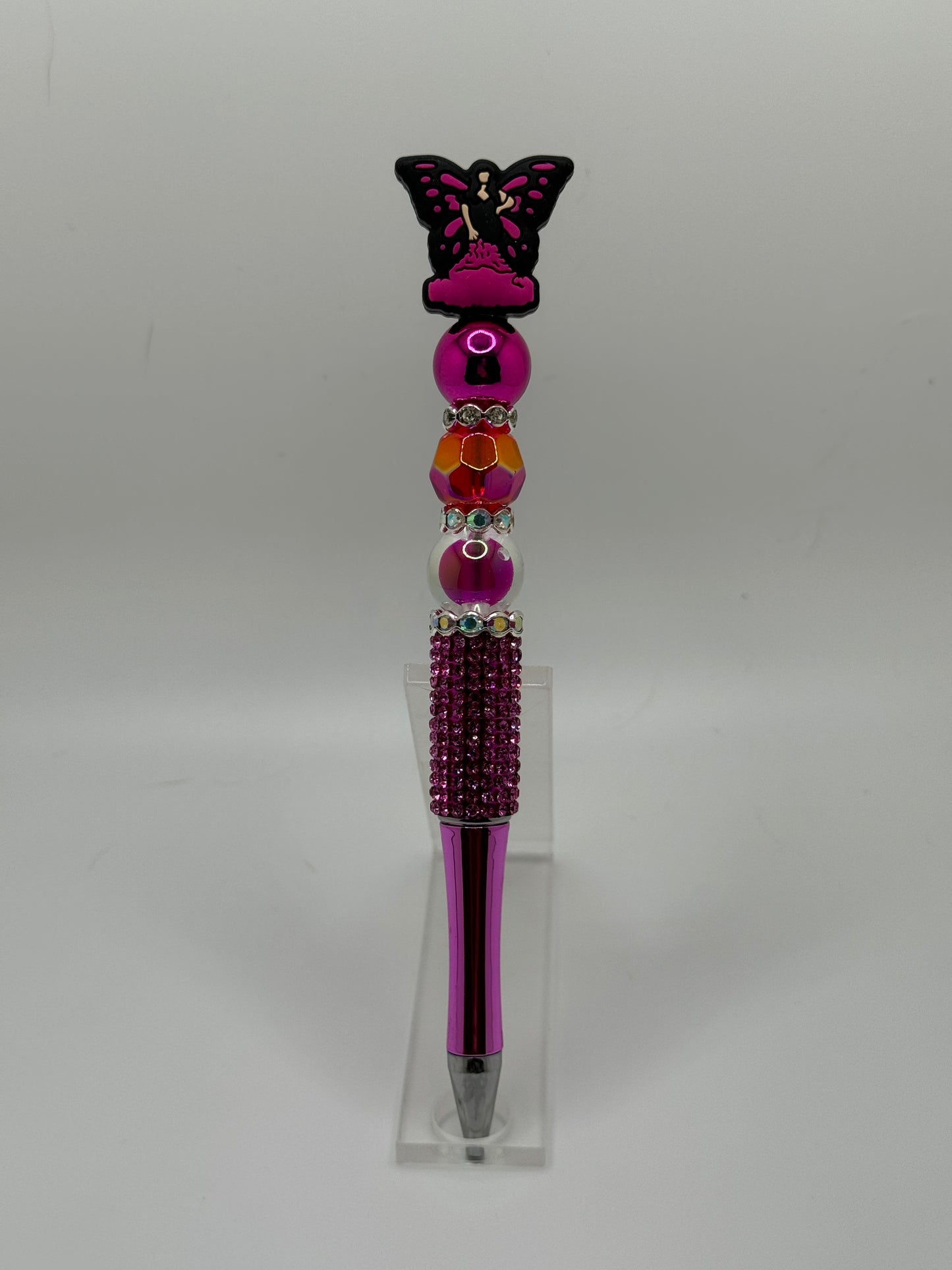 Pink Sparkle Butterfly Beadable Pen ~ Premade
