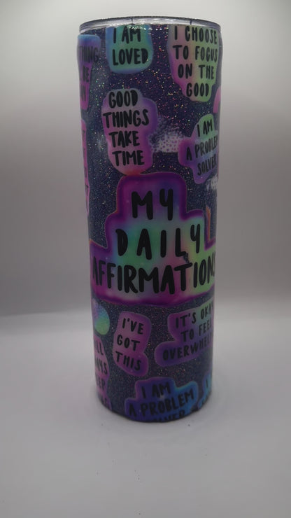 20oz Skinny Purple Glitter Affirmations Tumbler